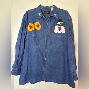 Vintage Christmas Jean Button up womens- unisex size XL handmade 100% cotton